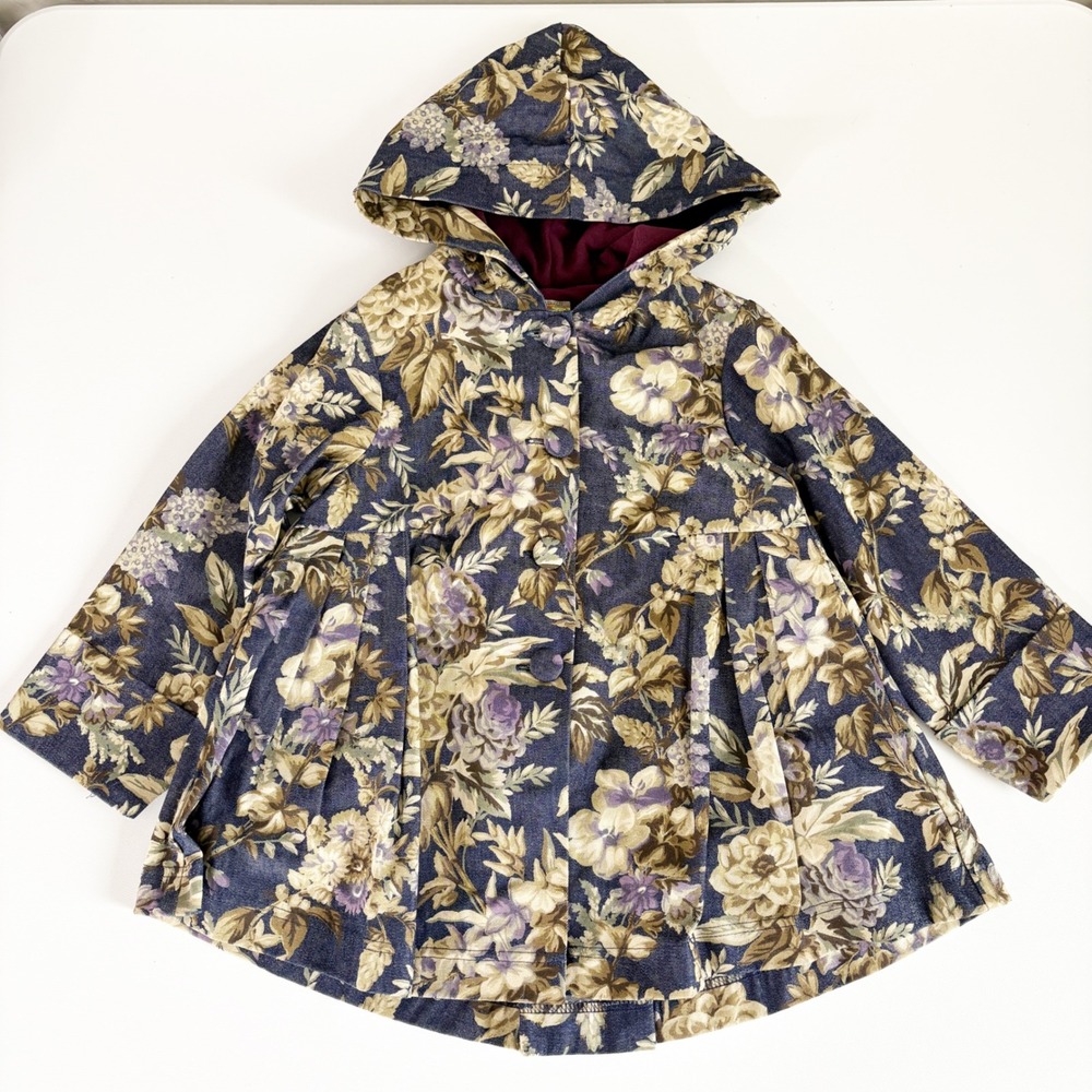 NWT Maria Elena Toddler Girls Floral Denim Tapestry Hooded Swing Coat Size 4T